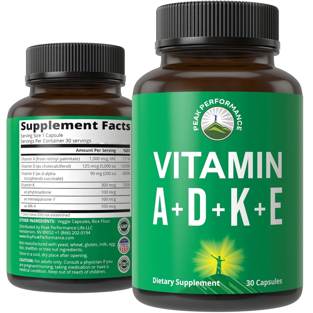 峰性能维生素D 5000 iu + A + K + E 全部在 1 易吞维根卡普尔. ADK 维生素补充剂,配以 E D3 K2. Mood, Immune, Bone, Vision, Heart 的基本维生素