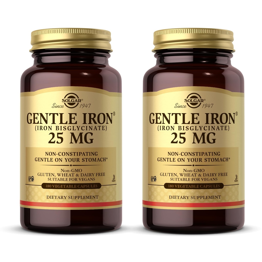 Solgar Gentle Iron (Iron Bisglycnition) 25毫克 - 180 蔬菜胶囊,包2 - 非便秘,你的胃上的Gentle - 非GMO, Gluten Free - 360 总服务