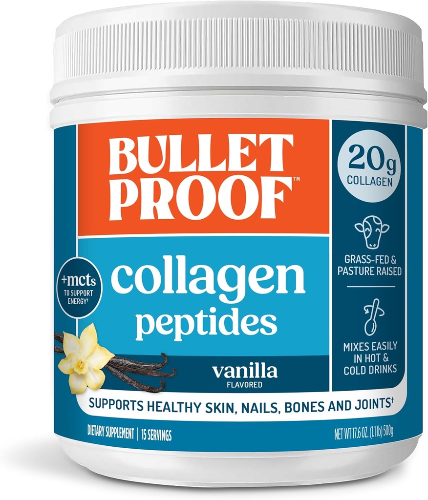 用MCT Oil防弹的香草Collagen Peptides Powder, 14.3 Ounces, Grass-Fed Collagen protein for Skin, Bone and Joint Support, Pasture 抬高, 无添加荷尔蒙, 包装 May Vary