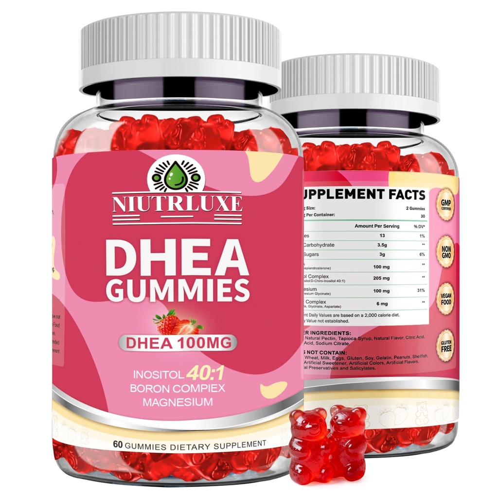 DHEA Gummys, DHEA 妇女补编, DHEA 100mg Chewable with Boron, Inositol and Magnesium, pro-Aging, Ovarian 支持,睡眠支持, Vegan, 60 Counts