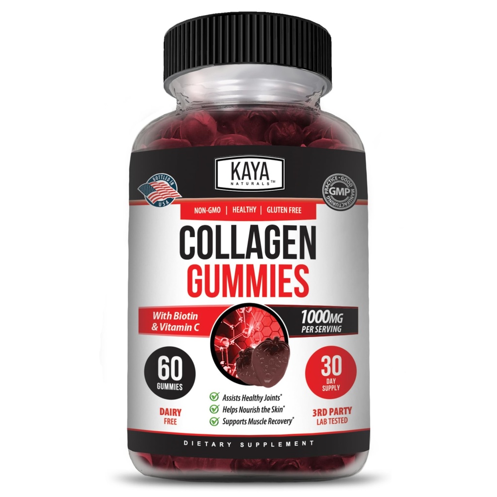 Kaya Naturals Collagen Gummys for Men & Women 补充 + 自然制造Gummys - 1000mg 水解Collagen,维生素C,硒和Biotin,草莓Flavor - 60 古米伯爵