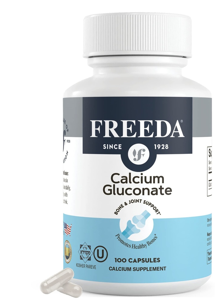Freeda Calcium Gluconate – Kosher Vegan Calcium 补编 – 易于文摘和Absorb – 支持骨质力量 – 纯钙无维生素D – (100 Capsules)