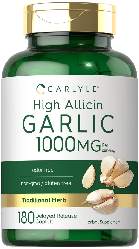 Carlyle Garlic 补充1000mg + 180 caplets + 180 Odorless Pills → 高 Allicin 提取 → 蔬菜, Non-GMO & Gluten Free