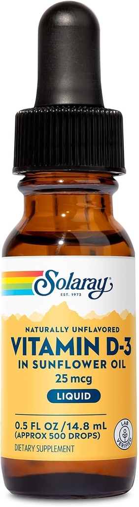 SOLARAY 维生素D3 液滴 25 mcg (1000 IU) - 增强吸收维生素D 滴入向日葵油中用于VIT D3 支持 - 自然不味,滴入包含 - 近似. 500名服务人员,0.5oz