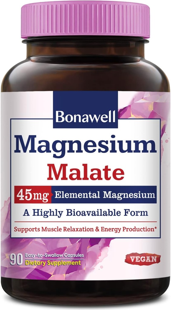 Bonawell Magnesium Malate, 捆绑到Malic酸, 高吸附, 45mg 元素镁, 肌肉放松和能源生产, 易向燕麦帽, 无 Gluten Soy & Dairy, Vegan & Non-GMO, 90 Cts