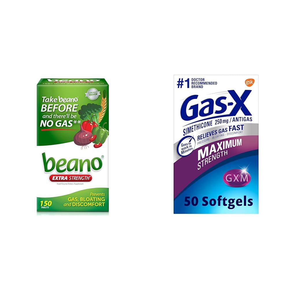 Beano食品酶 饮食补充 \ 帮助文摘 气体-催化食品 + 150 片 & Gas-X 最大强度气体减量软胶 250 mg 用于Bloating Relief - 50 Count