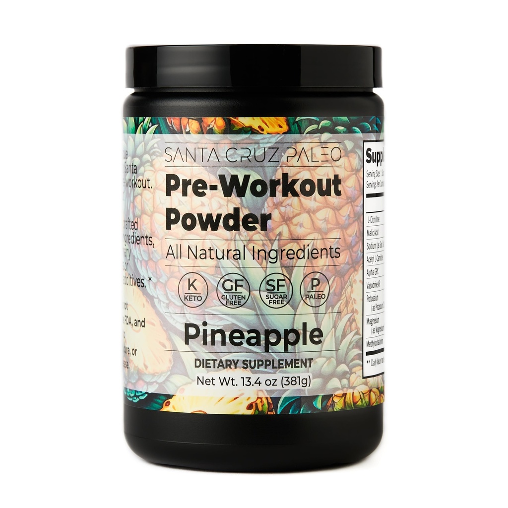圣克鲁斯 Paleo Pre Workout 粉末电解剂、镁、钾、海盐和L Citrulline、咖啡因和无糖 Preworkout 饮品混合剂用于能量和水分、菠萝火焰, 30种服务