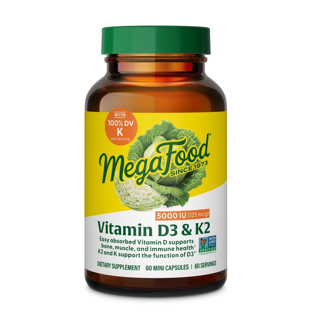 Megafood Vitamin D35,000 IU(125 mcg) - 配有维生素D3 K2的蔬菜补充剂 - 支持骨骼,牙齿,肌肉和免疫健康 - 经认证的非GMO - 60 迷你盖,60 服务