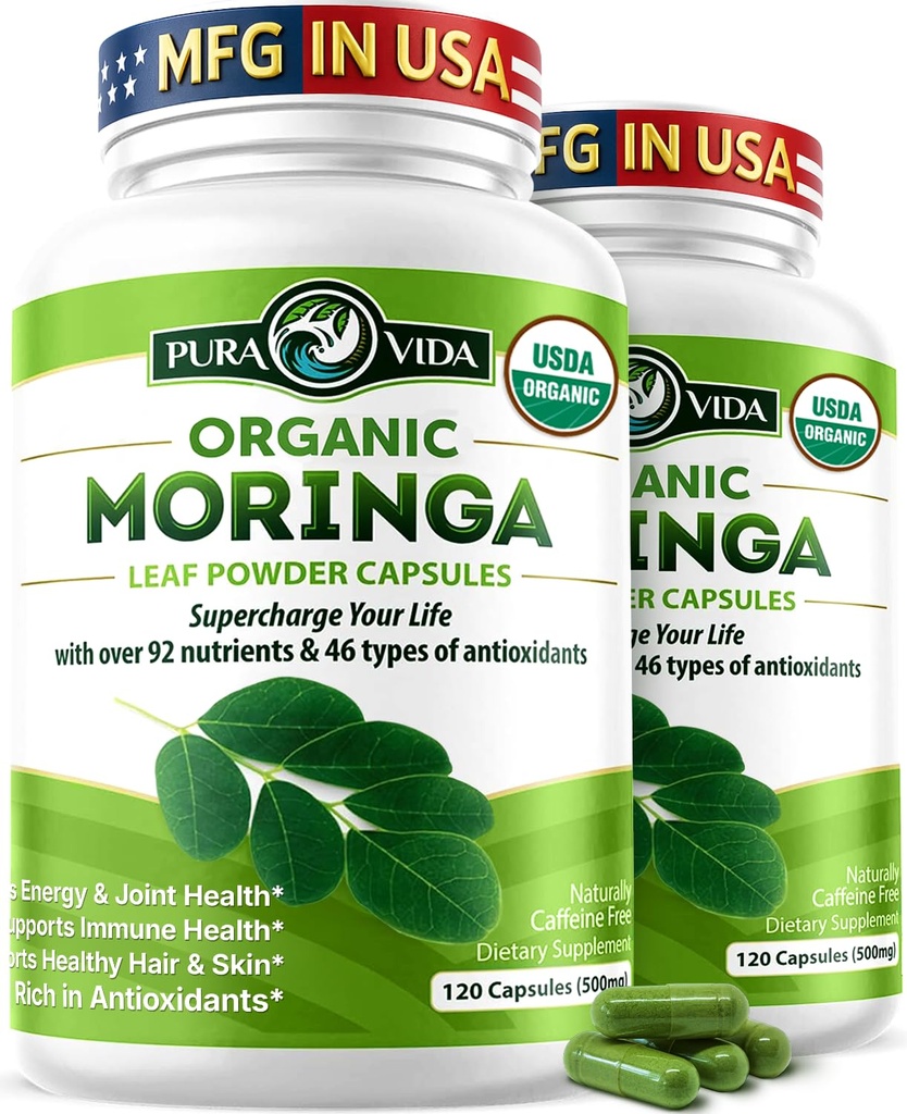 PURA VIDA MORINGA CAPSules 单源有机莫林加粉,莫林加叶,能量,代谢,和免疫支持 120ct. 500mg CAPs. (Pack of 2).