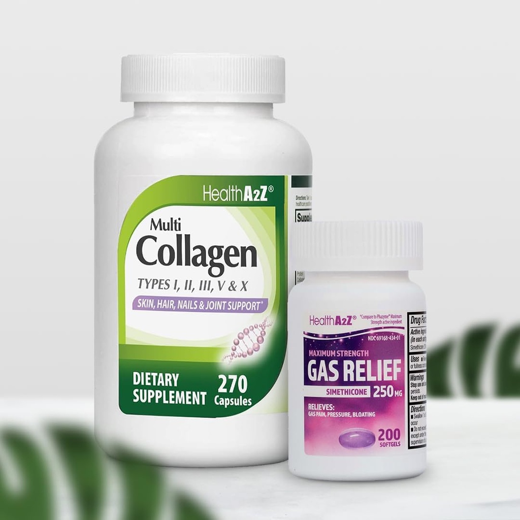 HealthA2Z® Super Secret Bundle Deal - Gas Relief Simethicone 250mg(200软胶) & Multi Collagen Pills, 1735 mg(270 collagen Capsules) 超级储蓄包交易 - 气体减量Simethicone 250mg(200软胶)和多焦糖药,1735 mg(270 collagen Capsules)