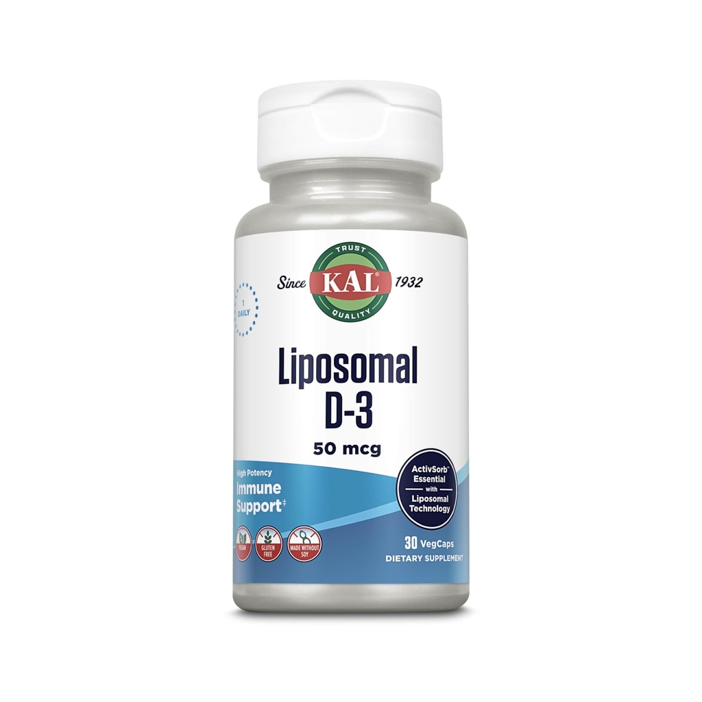 KAL Liposomal 维生素 D3 50 mcg, 高吸收维生素 D, Liposomal 技术, 高概率免疫支持, Vegan Capsules, Gluten Free, No Soy, 30 services