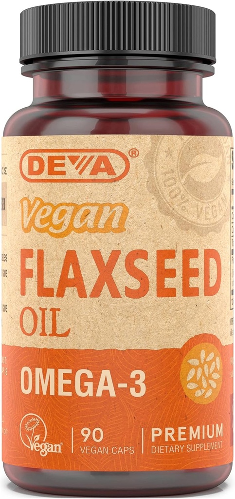 Deva Vegan Omega-3 Flaxseed Oil Supplement - 1000 MG perference - 冷铺和未加工 - 鱼油替代品 - Omega-3 ALA - 90 Capsules, 1-Pack