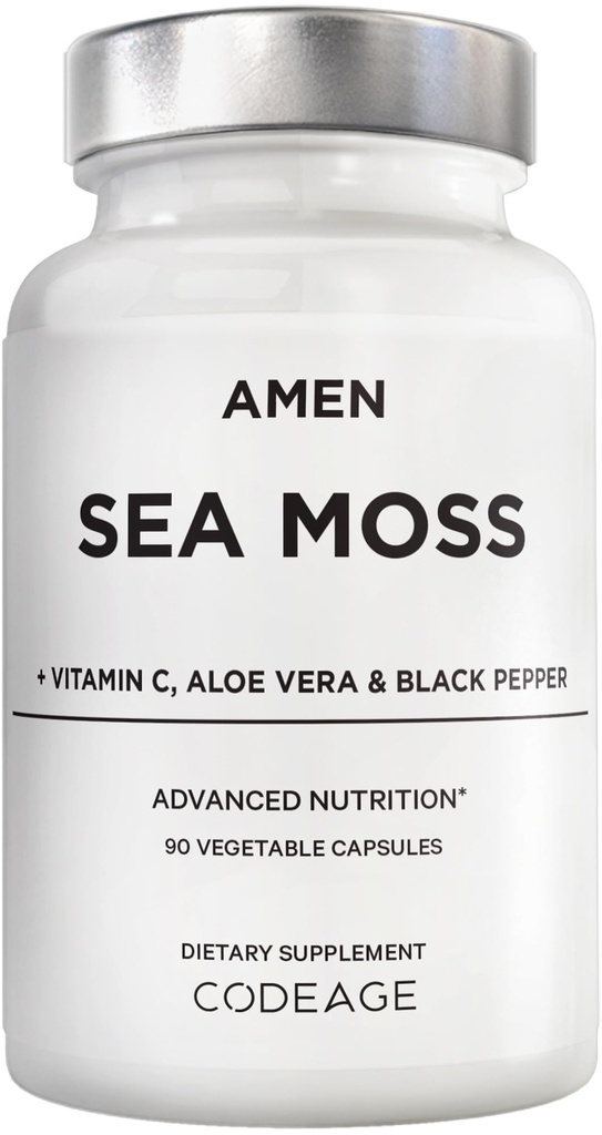 阿门·海·莫斯补编 - 1000mg 爱尔兰有机海 Moss, Bladderwrack, Burdock - 维生素C, Aloe Vera, 黑辣椒 - 海藻超食品,维生素,矿物,以及抗氧化剂 - 非GMO - 90 Capsules