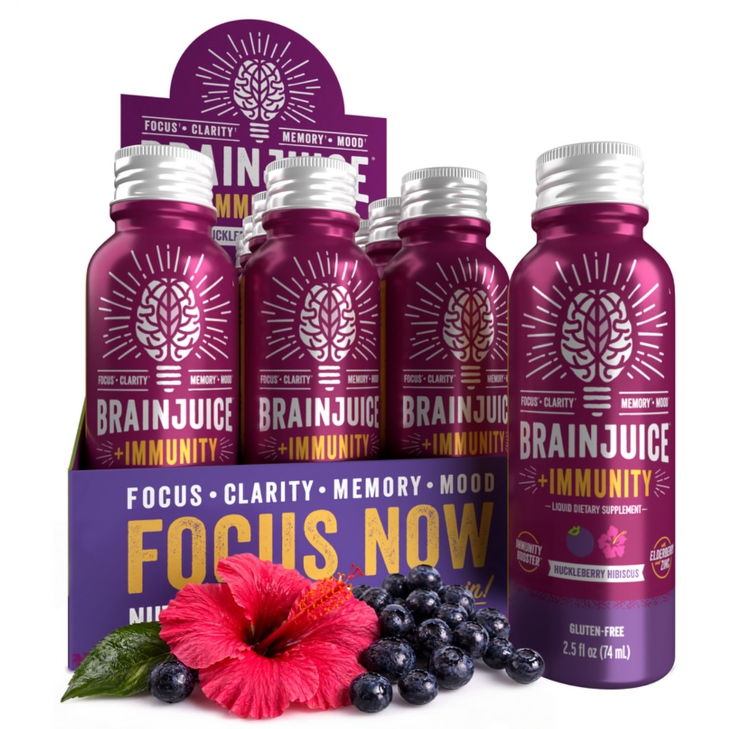 BrainJuice Brain Support Shot, Gluten Free Supplement Shots for Energy & Focus, Healthy Drinks with Alpha GPC, Vitamin B, 2.5 fl oz, 12 Pack (Huckleberry Hibiscus)