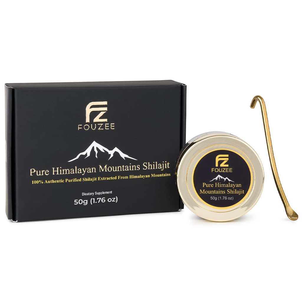 FOUZE 纯喜马拉雅山脉 Shilajit - 77% + 富尔维酸 真实硬一致性,富尔维酸的自然来源,85种以上的追踪矿物,包括无污钢勺(50格拉姆)