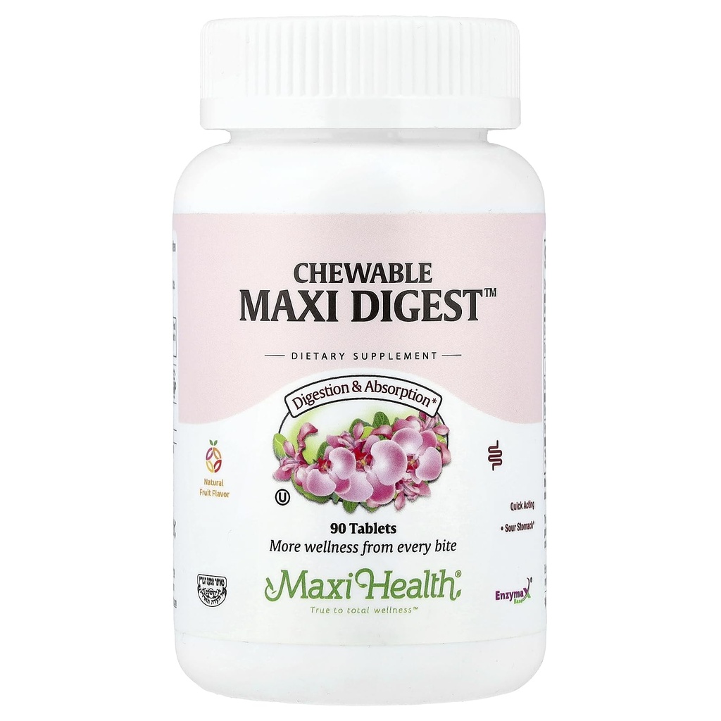 Maxi Health Chewable Digest - 与布罗姆兰和卡尔西姆的自然消化酶 - 快速行动 - 90 Chewables - 科舍尔 - 支持健康消化和男女共同舒适