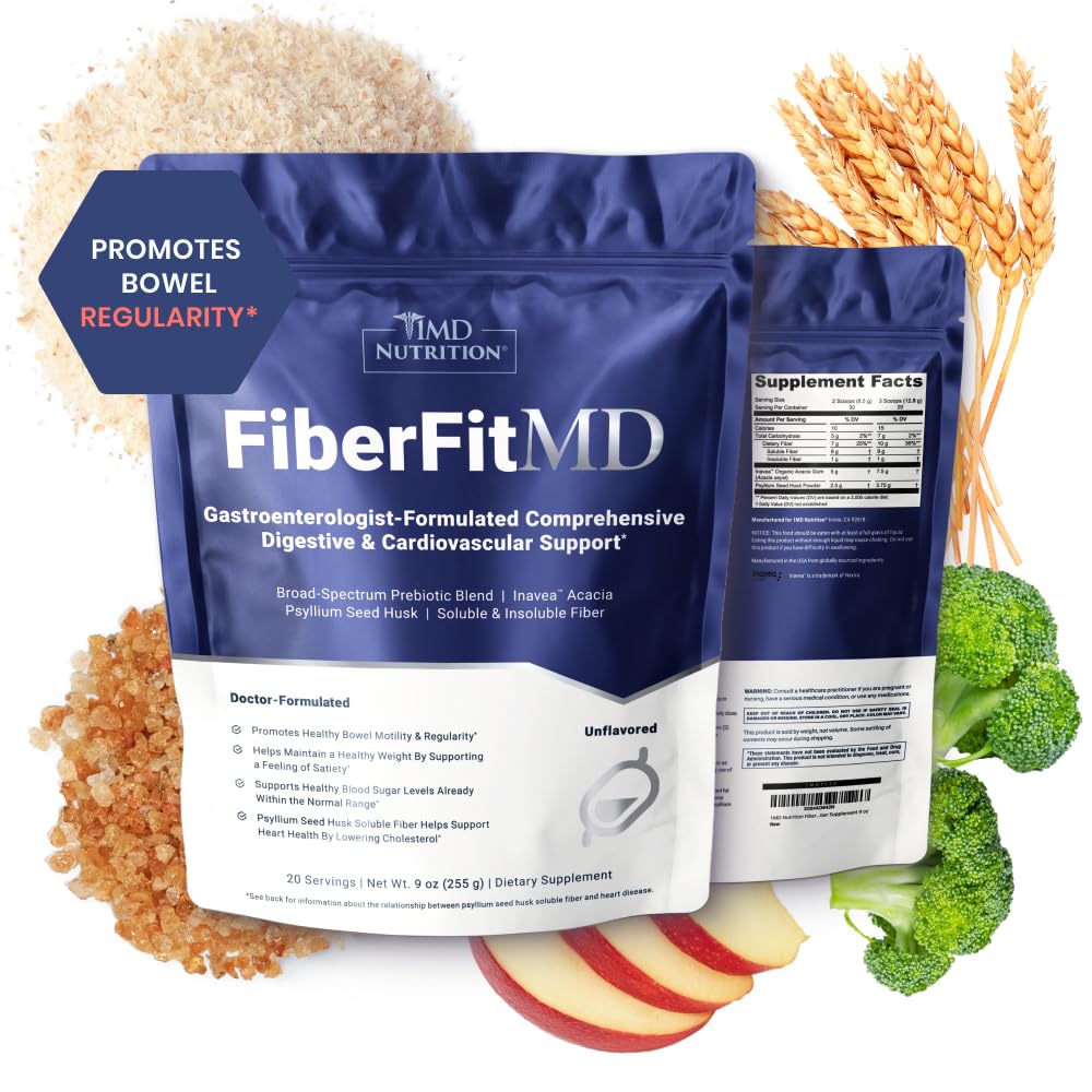 1MD Nutrition FiberFitMD - for Potent Digestive & Cardiovascular Support - Health Supplement for Women & Men - High Fiber Powder - 30 Days