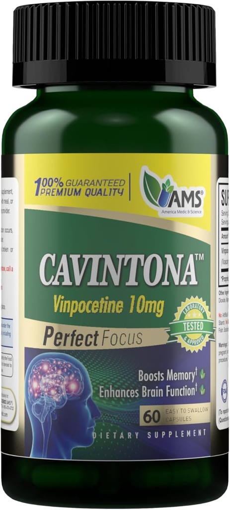 美国医学与科学 Cavintona 10mg – 记忆,焦点和认知支持的大脑健康补充 – 增强精神清晰度,血液流动和神经功能 – 60 Capsules