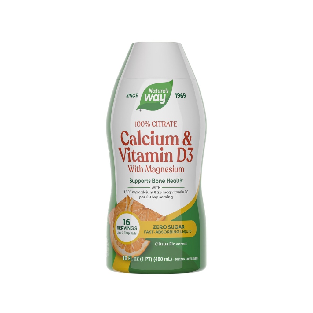 Nature's Way Calcium & Vitamin D3 with Magnesium Liquid Supplement *, 支持骨质健康*, 快速吸附液体, Gluten 免糖, Citrus Flavored, 16 Fl Oz (包装 May Vary)