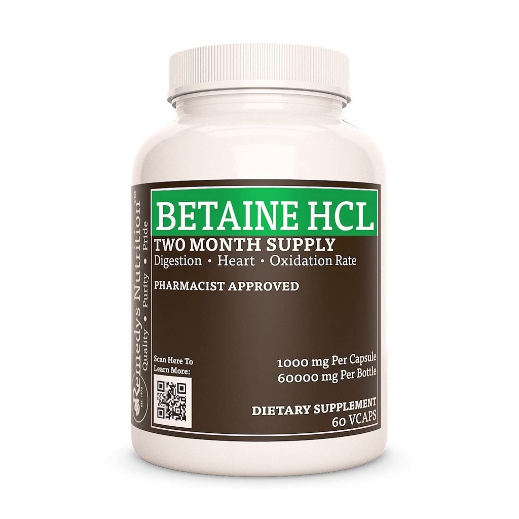 补救措施 营养 乙酰氯(Hydrodrocloride) + 1000 mg, 60 Capsules 饮食补充 → 两个月供应 → 含有碳酸钙、Papain和Bromelain