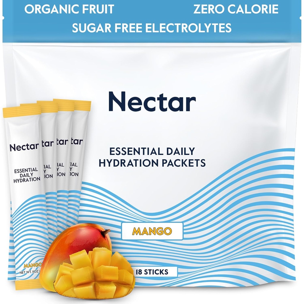 Nectar水解包 - 电解质粉状包 - 无糖和0卡路里 - 有机水果液体日报IV 脱水救济和快速补液的液化棒(芒果18包)