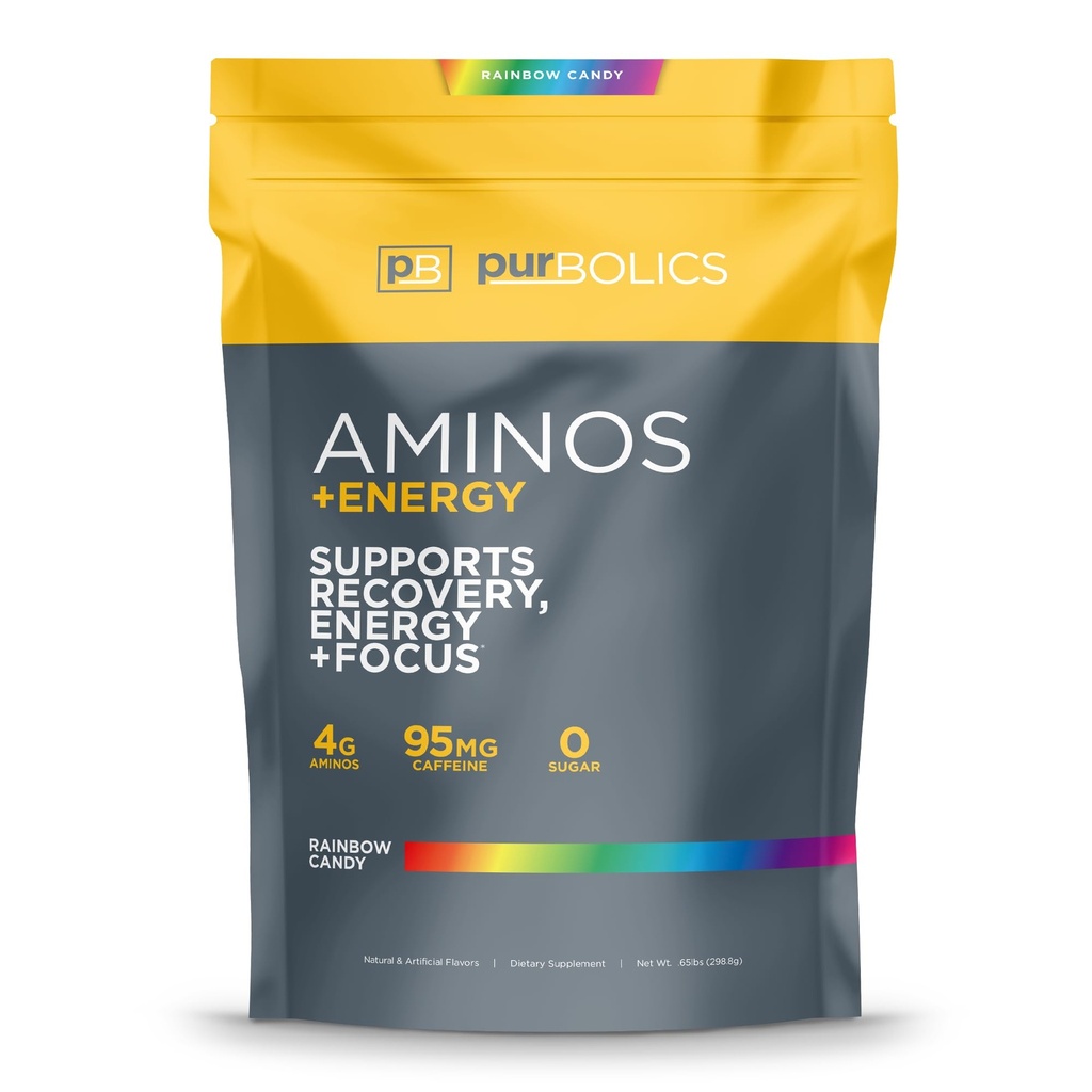 Purbolics Aminos + Energy + + 支持回收,能源与焦点 → 95mg of Cafeine, 0 Sugar & 60 services (Rainbow Candy)