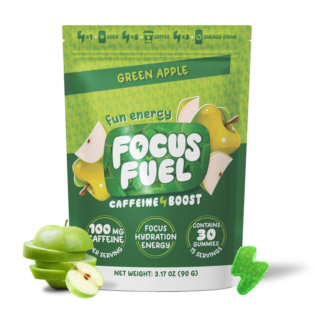 FocusFuel Energy Chews – Green Apple Flavor (15 services) – 100mg Cafeine + B12, 镁, Alpha GPC – Boost Focus & Energy – 没有崩溃或Jitters – 闪光灯