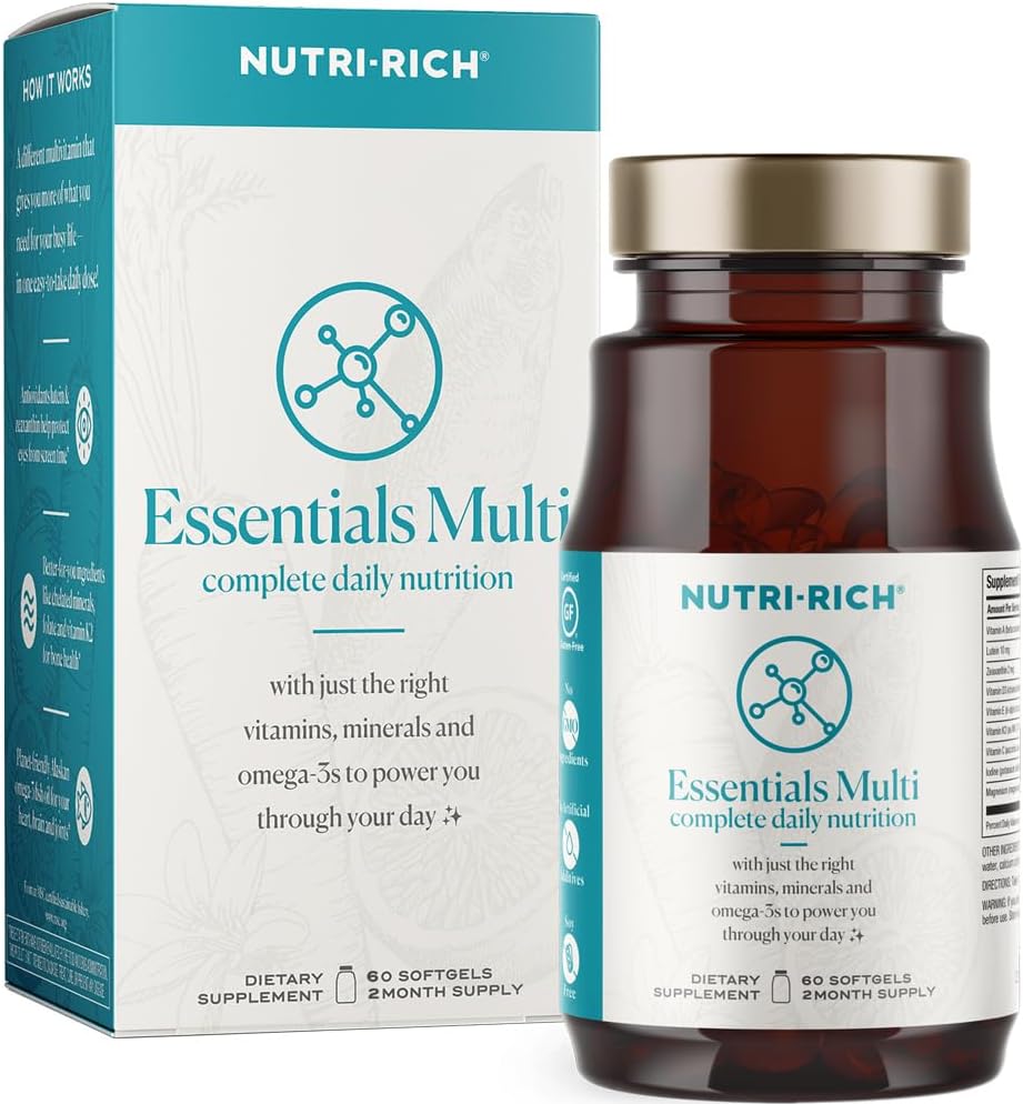 营养素-Rich基本成分 多维特敏与鱼油 Omega-3,支持能源,免疫健康,维生素A,C,D3,E,K2和锌,Non-GMO,Gluten Free(60个伯爵)