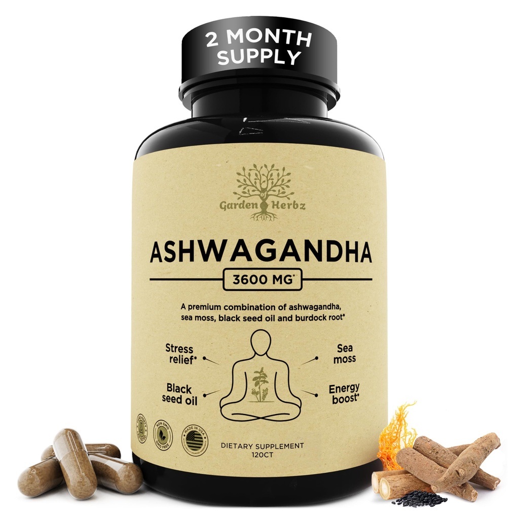 Ashwagandha Root & Irish Sea Moss – 3 600 mg Ashwagandha 补充黑种子油, & Burdock Root – 草药补充能源,平静,Mood, & Wellness, 120 Caps