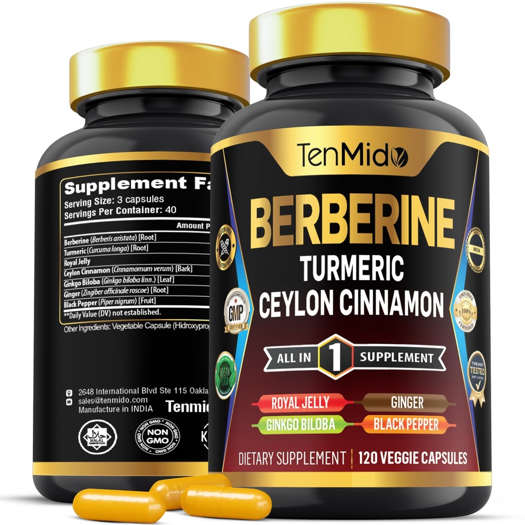 Berberine 补编 - 7in1 公式 - 与Turmeric,Royal Jelly,锡兰锡桂,Ginkgo Biloba,Ginger & Black Pepper - 消化健康,免疫支持 - 120 Capsules