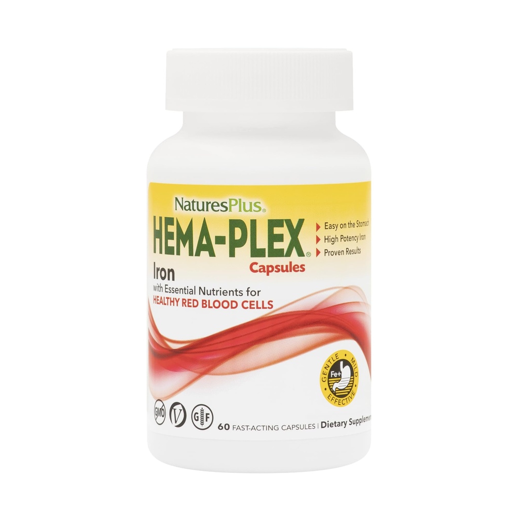 Natus Plus Hema-Plex 铁 - 60 快动作卡普尔 - 85 mg Chelated 铁 + 维生素 C 和 Bioflavoids 用于健康红血细胞 - Vegan, Gluten Free - 30 services
