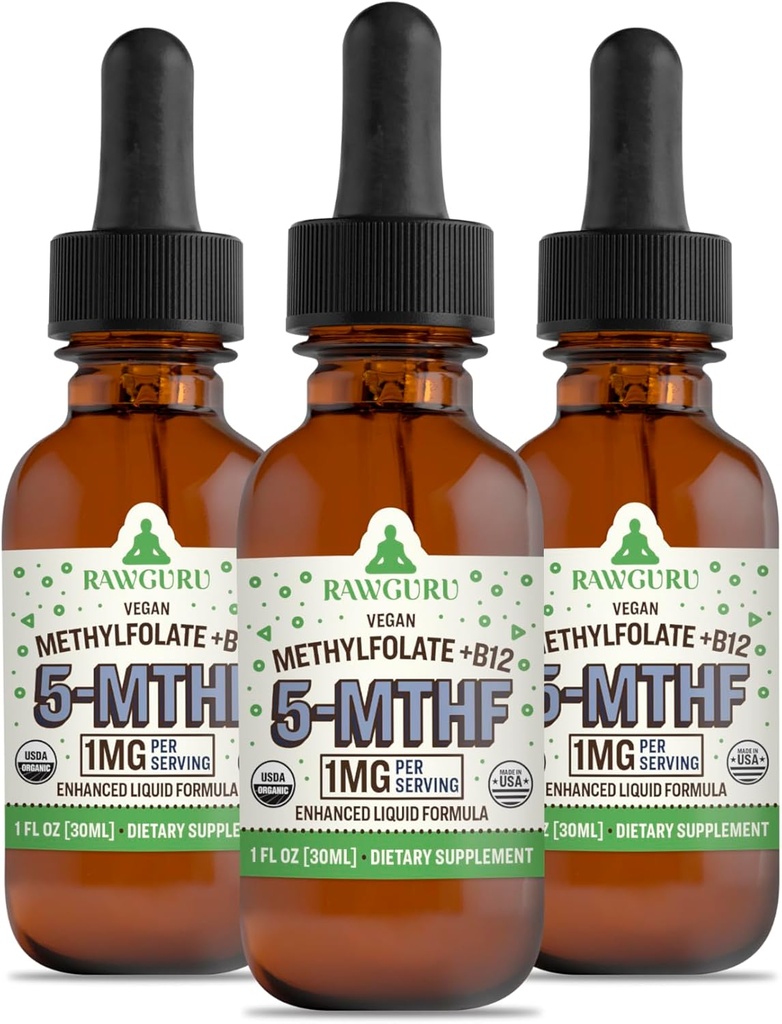 RawGuru 甲基folate 1mg + 维生素B12 - 有机 Vegan 甲基化 B12 配有 Trace Minerals - Nano-Processed & 增强液态 - 300 series of Vegan drops 每30 ml, pack of 3