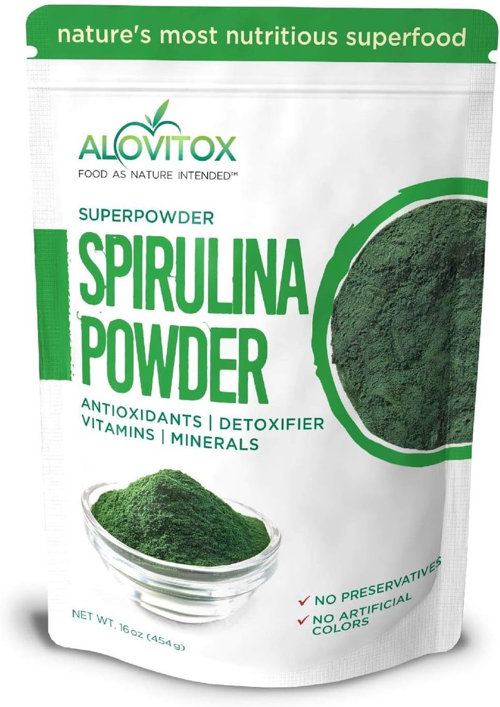 Alovitox Organic Spirulina Powder | Nutrient Dense Superfood with Antioxidants, Proteins, Vitamin A and B, Fiber, Omegas 3, 6 & 9-100% Organic, No Additives/Colors, Gluten Free, Vegan, Non-GMO (1 lb)