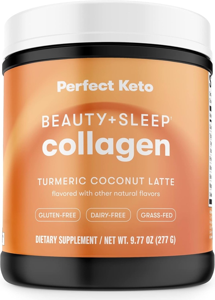 完美 Keto Beauty + Sleep Grass Fed Collagen Peptides 蛋白粉 配有 Ashwagandha, 镁, Biotin, Hyaluronic Acid, L Theanine, 头发, 皮肤, 钉子和放松支持, Turmeric Coconut Latte