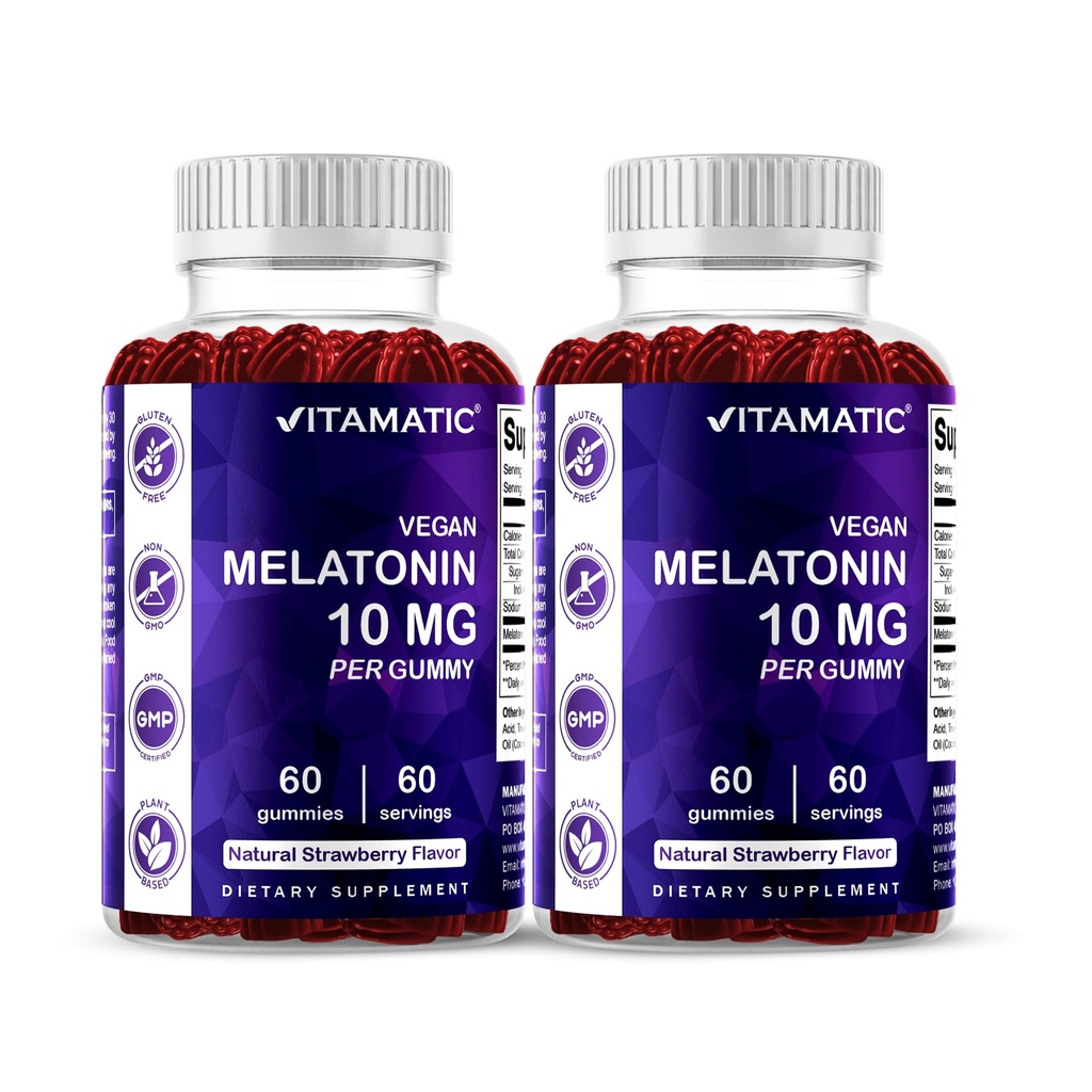 维生素Melatonin 10 mg 蔬菜胶体 – 非哈比特成型 – 每瓶60 Gummys – 2-Pack(共计120 Vegan Gummys)