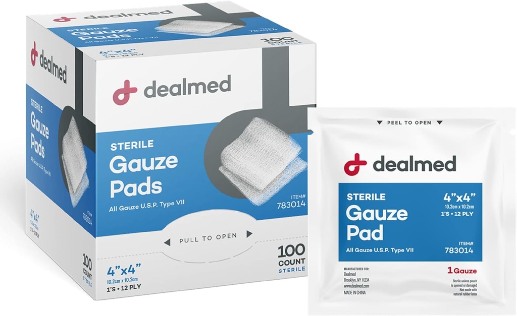 4’’x4’’Sterile Gauze Pades(100个计数)可处理和单独包装的医用Gauze Pades、急救箱和医疗设施伤病护理产品(包1)