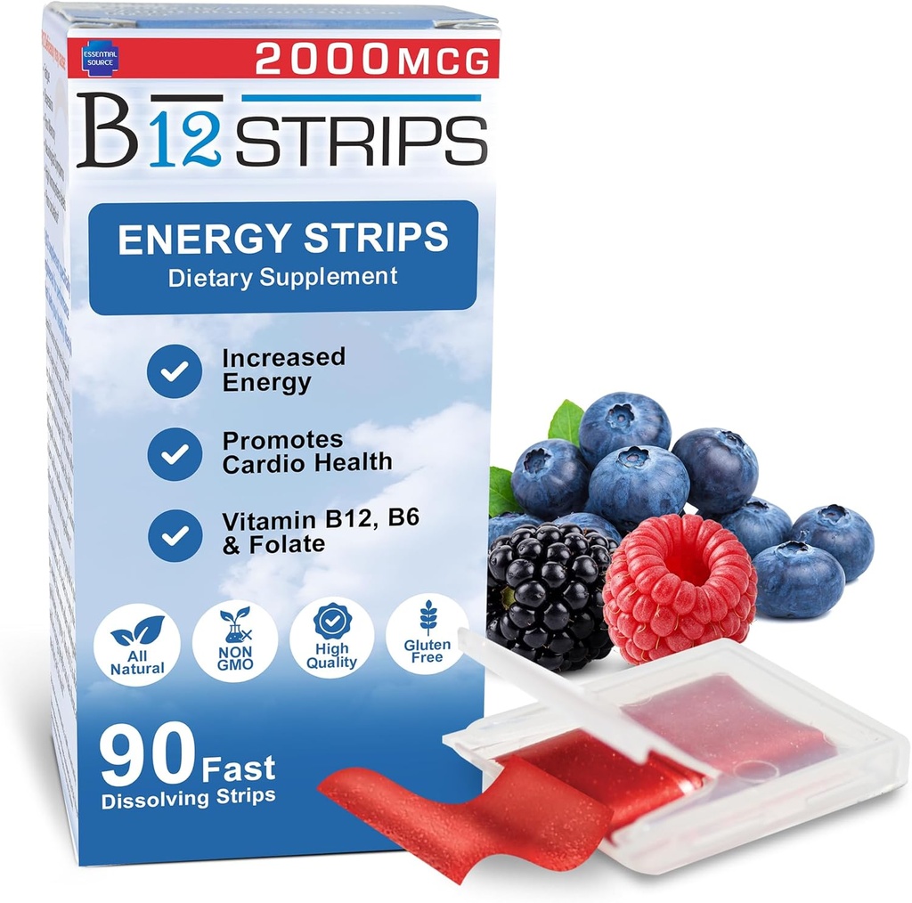基本来源 2000 mcg 甲基Cobalamin 维生素 B12 亚语言能量条 | Biotin, B6, 5-MTHF L-Methylfolate | B12 亚语言维生素, Folate | 能量,脑健康,神经功能 - 90条