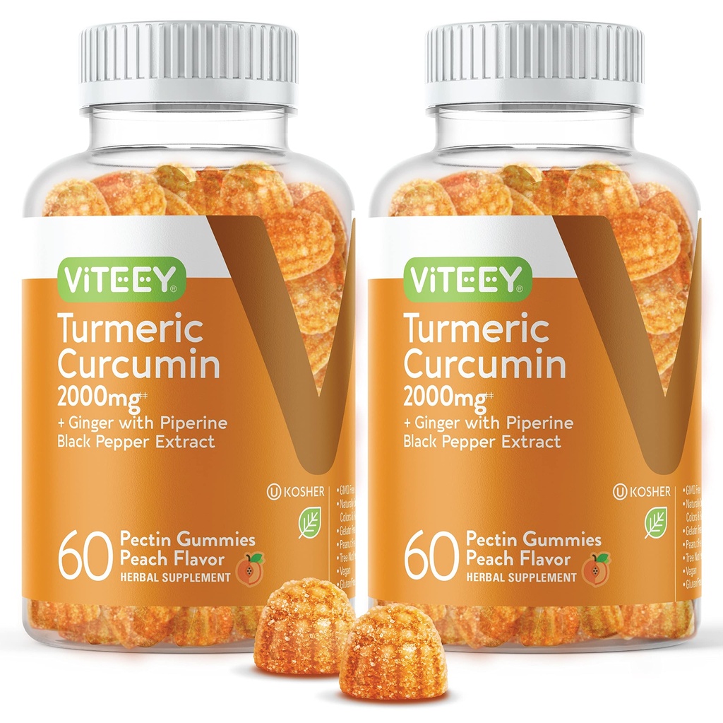配有Ginger & Black Pepper草药补充剂的Turmeric Curcumin Gummys, 2000mg, 免疫支持,健康皮肤和联合健康, Vegan, Pectin Based, 成人和青少年-可口味的桃花瓶(2Pack)