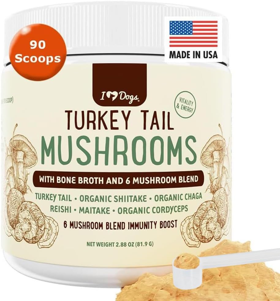 iHeartDogs Turkey 尾巴蘑菇为狗配 L, B和利波马配BoneBroth和6Mushro blend粉