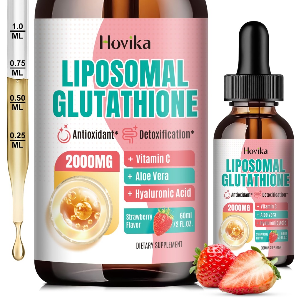 Liposomal Glutathione 补充2000mg,液态Glutathione 滴入维生素C,抗氧化剂用于免疫系统,老化防御,皮肤健康,肝解毒-超级吸附,草莓2 Fl Oz