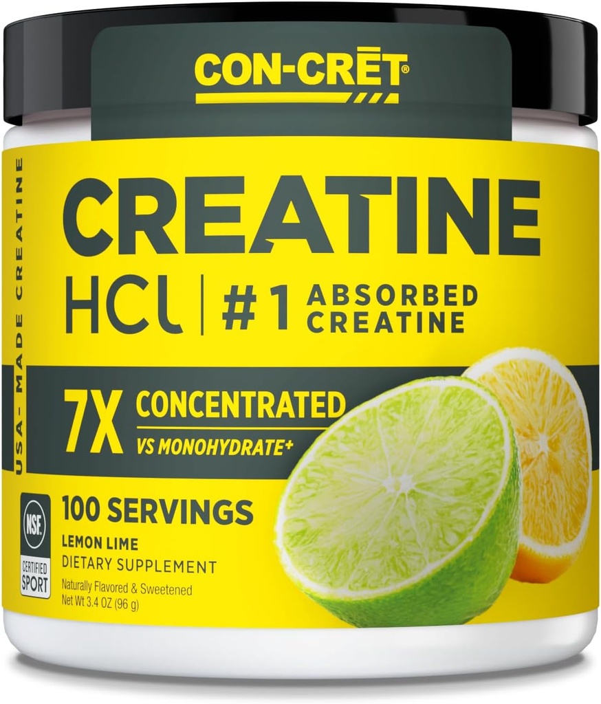 CON-CRET Creatine HCl Powder → 肌肉,认知,细胞能量支持 → 无布局或Cramps → USA Made & NSF认证 → 柠檬液(100 service)