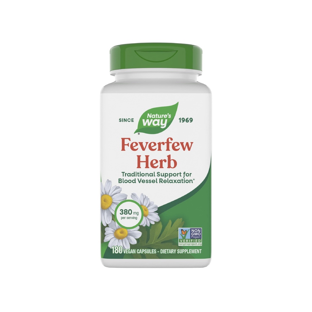 自然之道 Feverfew Herb, 传统对血船放松的支持*,每次服役380毫克,非GMO项目验证,180 Vegan Feverfew Capsules(包装 May Vary)