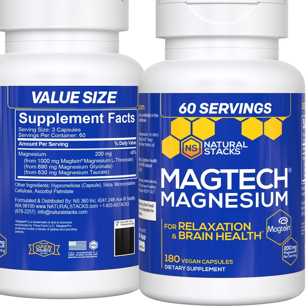 MagTech 镁补充剂 - 3种镁形式:Magtein L-Threonate, Glycnit & Taulate - 200mg Chelated 镁复合剂 - 支持放松和脑健康 - 180 Capsules