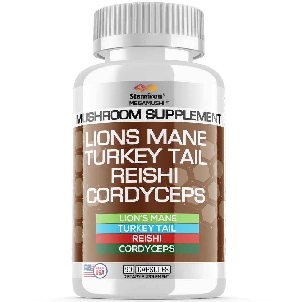Stamiron Lions Mane Supplement Turkey Tail Mushules 配有 Cordyceps 提取器和 Reishi 蘑菇 - Alt to Mushro Gummys, 蘑菇粉, 蘑菇咖啡 - 90 计数器