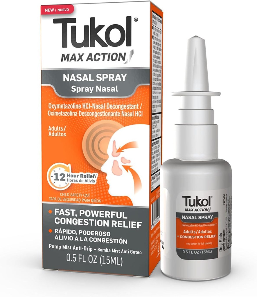 TUKOL Max 动作鼻喷雾剂, 供成年人使用的Oxymetazoline鼻喷雾剂, 快速 Stuffy Nose & Sinus 摄入量缓解剂, 12Hour鼻喷雾剂, 0.5 fl oz