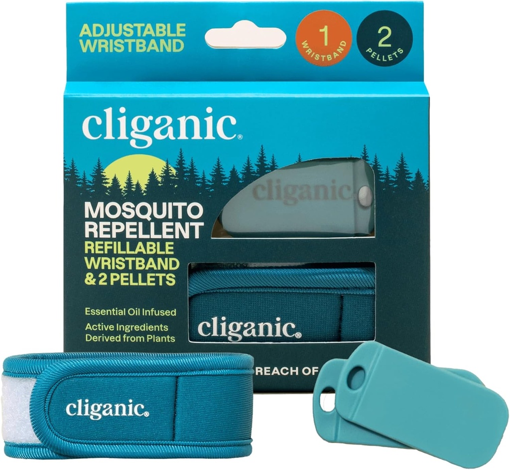 Cliganic Mosquito Repellent Pack (Wristband + 2 Refill Pelles) - 可调整的,天然的DEET无油,基本注入的石油