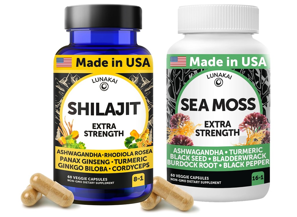Lunakai 美国制造了Shilajit & Sea Moss Capsules Bundle 与 Ashwagandha, 黑种子石油和Rhodiola 支持力量和免疫, 每架60厘米