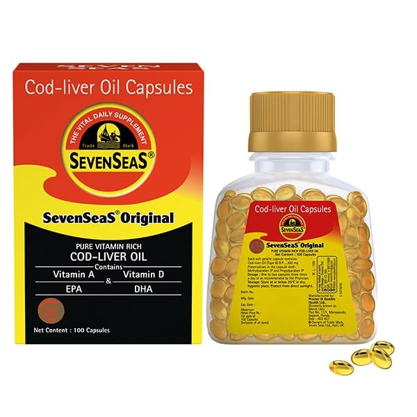 Seacod Cod-liver Oil Capsules, Omega-3 脂肪酸,维生素A,维生素D 100 Capsules