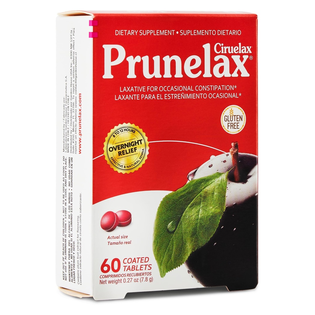 Prunelax Ciruelax 常规强力激光迷你药片 - 偶发便秘的过夜救济, Senna 提取, Vegan & Gluten - Free, Gentle Relief - 60ct