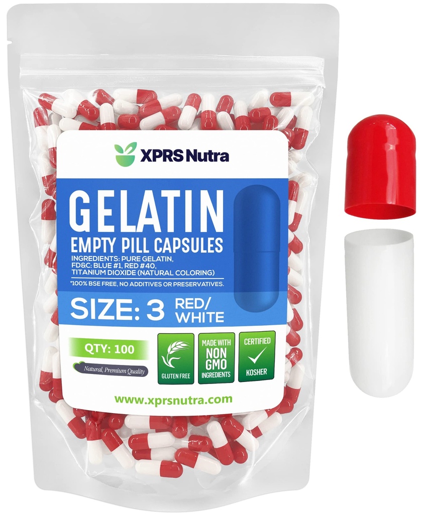 XPRS Nutra 大小 3 空卡普勒斯 - 100 个空卡普勒斯 空卡普勒斯 - Pills DIY Capsule 填充 - 纯波维纳 Pill Gel Caps 可填充的 Do- It- yourself 维生素和补充(红色/白色)